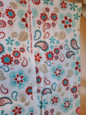 Sewing Fabric Riley Blake Paisley Daisy C3520 Aqua Red 20x45" 1/2yd+ Cotton - Image 1 of 4
