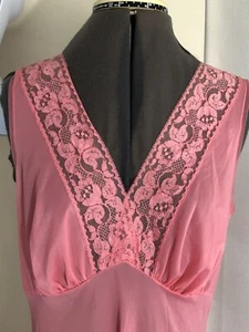 Vintage Pink Long Nylon Nightgown Dress With Lace V Neckline Medium? - Picture 1 of 5