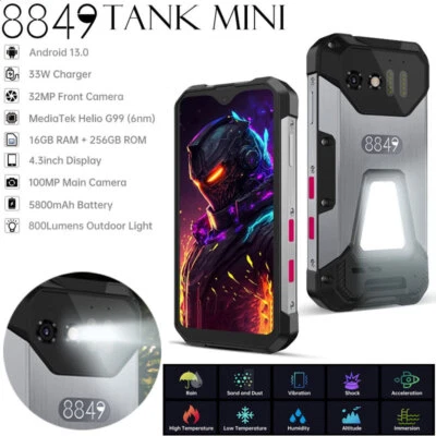 4G LTE 8849 TANK MINI Rugged Phone Android 13 Dual SIM NFC Mobile Camping Light - Image 1 of 4