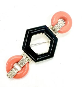Kenneth Jay Lane KJL Brooch Pin Fur Clip Black Onyx Crystal Coral Resin Art Deco - Picture 1 of 24