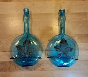 Pair Blue Glass Wall Pockets Vases Bottles Metal Maple Leaf Hanger vintage - Picture 1 of 10