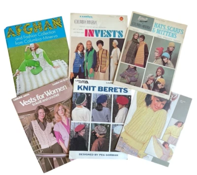 Lot of 6 Vintage Leaflets with Crochet and Knit Patterns for Vests Berets Scarfs - Image 1 of 4