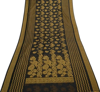 Tecido para artesanato Sushila vintage preto arte saree seda todo tecido paisley sari - Imagem 1 de 4
