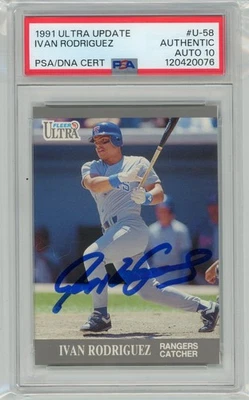 Tarjeta de novato firmada por Iván Rodríguez 1991 Ultra actualización RC #u58 Rangers PSA 10 automática Foto 1 de 2