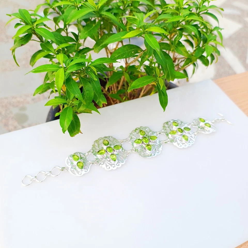 Green Peridot Gemstone Bracelet 925 Sterling Silver Handmade Adjustable Jewelry - Image 1 of 4