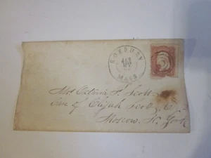 US 1860'S COVER ROXBURY MASSACHUSETTS CANCEL STAMP #65 TO MOSCOW NY - Picture 1 of 3