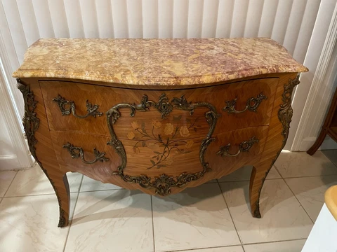 French Antique Inlaid King Wood Louis XV Style Marble Top  Dresser Cover