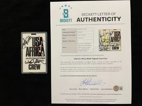 Michael Jackson & Bob Dylan USA for Africa "We Are the World" Signed Pass BAS Cover