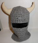 Balaclava Mask Hat Beanie Adult Size Viking HandMade USA Crochet Gray White