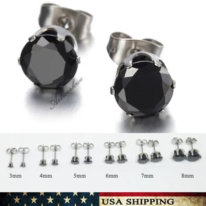 Pendientes redondos de acero inoxidable para hombre/mujer corona CZ negros 3 mm-8 mm - Imagen 1 de 5