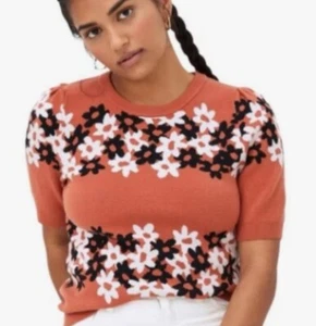 Maeve Anthropologie Short Sleeve Knit Flower Power Orange Funky Sweater Top - Picture 1 of 6