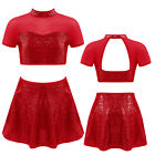 Kids Girls 2Pcs Shiny Dance Costume Crop Top+Skirt Sets Hip-hop Jazz Dancewear