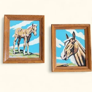 Vintage 1950s Paint by Number Horse Pair | "Proud Mother" & "Tired Baby" Framed - Picture 1 of 9