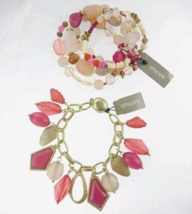 Set Lot Chico's 7.5" & Stretch Pink Bracelets Glass Quartz Gemstone Crystal - Picture 1 of 4