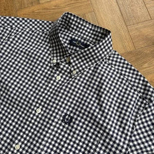 Fred Perry Gingham Check Shirt Mens Large Blue and White Short Sleeve Mod 60s - Picture 1 of 16