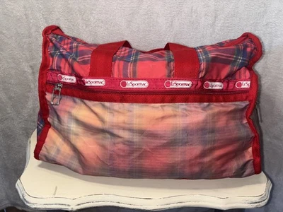 LeSportsac Plaid Nylon Duffel Bag Red Tartan Large Travel Carry On Zip Pocket - Image 1 of 4
