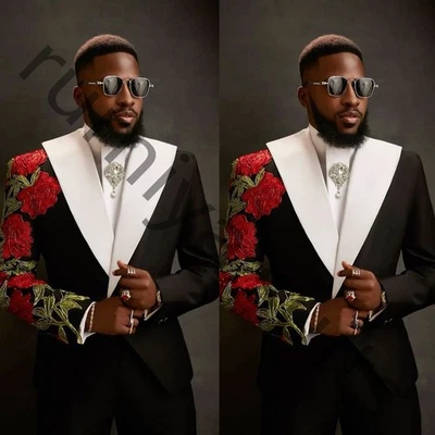 Traje Blazer Pantalón Negro Para Hombre Solapa Pico Floral Bordado Formal Boda Esmoquin Foto 1 de 4