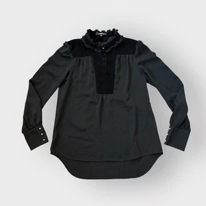 Playford Black Velvet Ruffle Mockneck Long Sleeve Blouse, Romantic Gothic - Picture 1 of 7