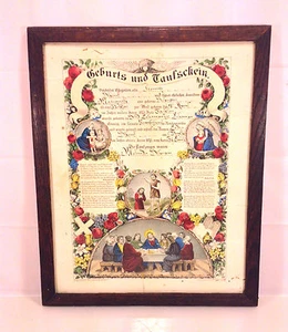Antique 1873 Fraktur Currier & Ives Birth & Christening Document Lebanon Cty PA - Picture 1 of 12