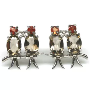 Piedra Preciosa Cuarzo Fumé & Naranja Zafiro Pendientes 925 Plata Oro Blanco - Imagen 1 de 4