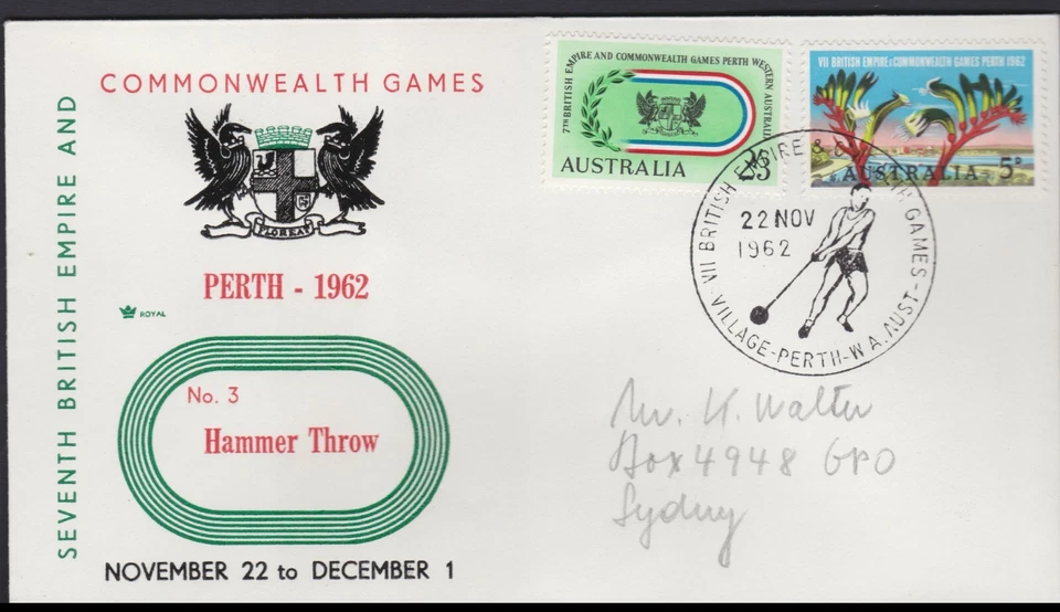 DEPORTE 1962 Perth Commonwealth Games Australia Set Cubierta Real - TIRO DE MARTILLO Foto 1 de 1