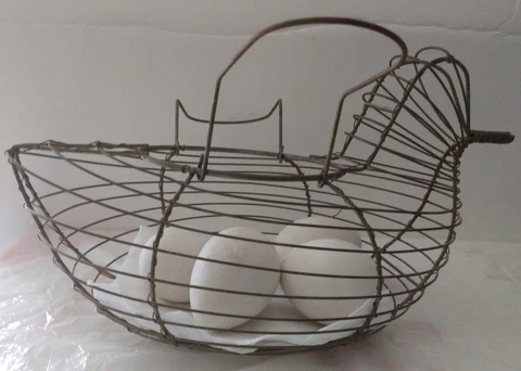 Wire Egg Basket with Ceramic Eggs Chicken Hen Country Kitchen Decor Vintage VTG Cover