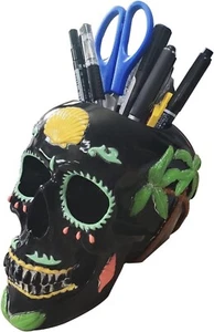 Creative Skull Pen Holder Stand Resin Pencil Container Gothic Key Holder Makeup - Picture 1 of 8