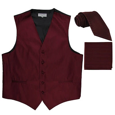 New Men's Formal Vest Tuxedo Waistcoat_necktie set stripes wedding prom Burgundy - Image 1 of 4