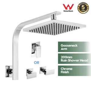 8 inch Rain Shower Head and Gooseneck Shower Arm Square Wall Mount Shower Taps - Picture 1 of 13