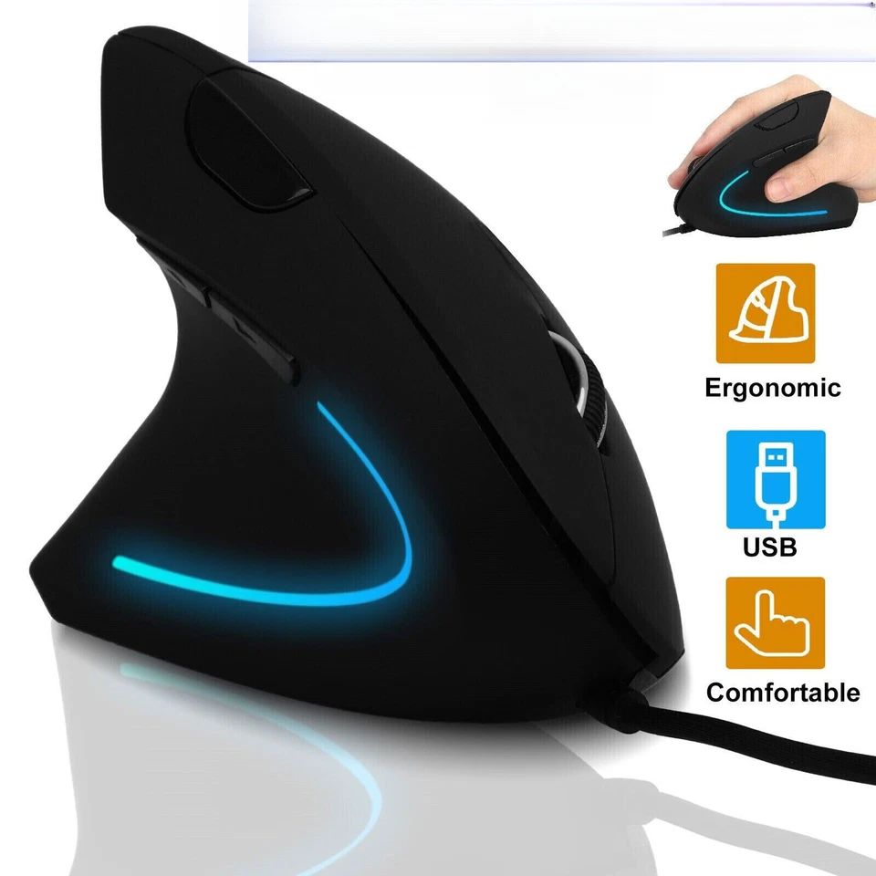 6 Keys Wired USB Vertical Mouse 2400DPI Ergonomic LED Optical Mice for PC Laptop - Image 1 of 4