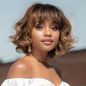 Short Curly Bob Human Hair Wigs With Bangs For Women Brazilian Remy Hair  - Picture 1 of 8