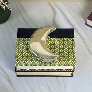 Vintage 90s Silver Crescent Moon Trinket Box Art Deco Retro Home Decor - Picture 1 of 11