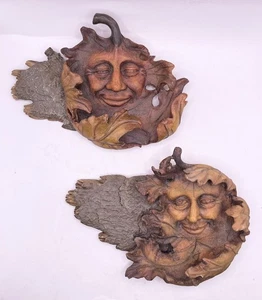 Vintage Paar Harz Eichenblatt Mann Gesicht Home Herbst Dekor Wandbehänge * Fehler * - Bild 1 von 11