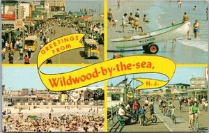 Postal multivista de Wildwood-by-the-sea, Nueva Jersey de la década de 1960 / 4 escenas de playa - Imagen 1 de 2