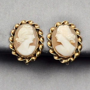 VTG AMCO 12k Gold Filled Shell Cameo Screw Back Earrings .75" 1960s - Picture 1 of 9
