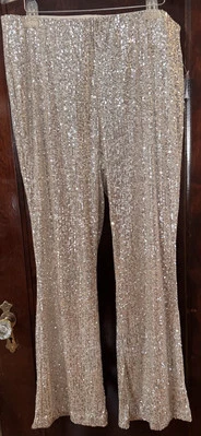 Nuevos Pantalones Acampanados Antiguo Azul Marino Plateado Lentejuelas Talla XL Foto 1 de 4