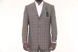 $395 Sean John Classic Fit Marrón claro Plaid 3 botones Traje plisado con puños delanteros - Imagen 1 de 7