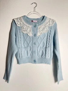 Lalavon Button Front Embroidery Collar Soft Baby Blue Cardigan Sweater Small - Picture 1 of 9