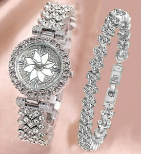 SILVER GOLD Watch + Bracelete Fashion Ladies Wristwatches Women Crystals Bling - Picture 1 of 4