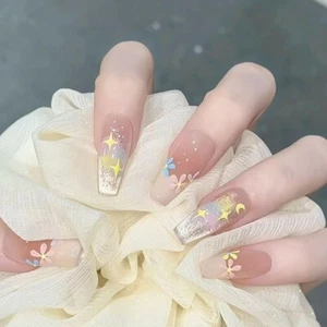 10Pcs Long Coffin False Press on Nails Moon Star and Flower Painting Fake Nails - Picture 1 of 5