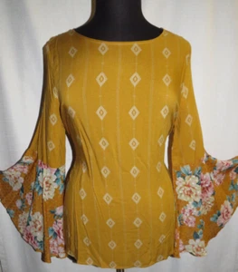 Plus Sz 1X Mustard Geo Print Floral Chiffon Bell Sleeve Boho Blouse, Made In USA - Picture 1 of 11