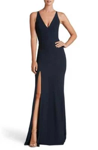 NEW DRESS THE POPULATION Bridal Navy Iris High Slit V-Neck Stretch Crepe Gown L - Picture 1 of 5