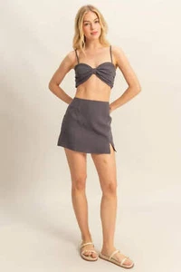 Mini Skirt Set with Ruched Top and Bow Detail - Two-Piece Outfit - Picture 1 of 6