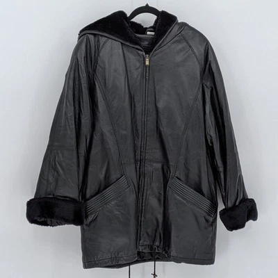 Parka Charles Klein $325 XL de cuero negro con capucha forro de piel sintética extraíble Y2K Foto 1 de 4