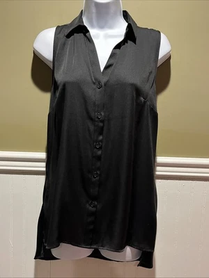 Camiseta sin mangas The Limited negra satinada botón alto bajo cuello en V abierta drapeada espalda talla M Foto 1 de 4