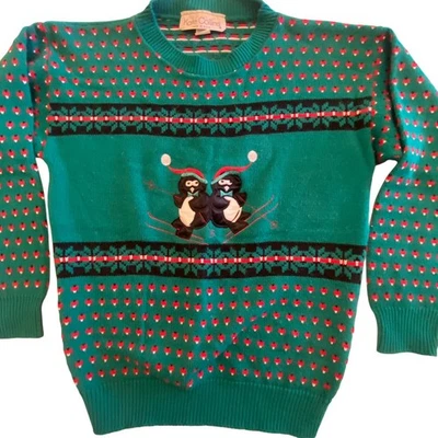 Suéter de Navidad Kate Collins Vintage Verde azulado pingüinos esquí vacaciones talla pequeña? Foto 1 de 4