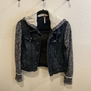 Free People Black Distressed Hooded Jean Denim Jacket Sweatshirt Knit Sleeves S - Picture 1 of 8