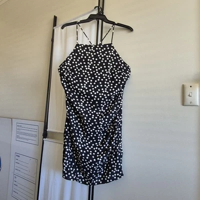 BNWT H&M Polka Dot Mini Ruched Dress Size 16 Black And White - image 1 of 4