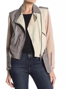 All Saints Murray Baulfren Biker Jacket Suede Leather Multi Colourblock UK10 US6 - Picture 1 of 18