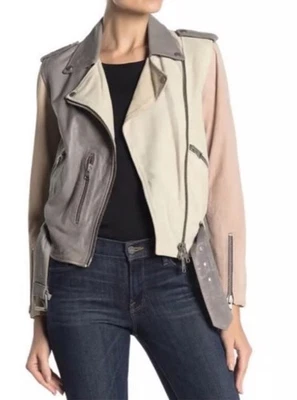 All Saints Murray Baulfren Biker Jacket Suede Leather Multi Colourblock UK10 US6 - Image 1 of 4